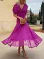 Elegante magenta midi-jurk met V-hals en een uitlopende rok van mesh met voering - Paars