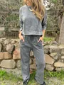 Casual women's acid-wash grey sweatshirt and matching drawstring joggers loungewear set - S / Top And Bottom / Gray