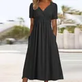 Elegant black short sleeve V-neck criss-cross front A-line midi dress with pockets - S / Tops / Black