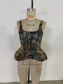 Detailed view of French vintage floral jacquard corset top with fishbone waist and peplum hem - S / Tops / Colorful