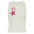 Canotta a coste bianca con ricamo a forma di stella marina in paillettes rosa e rossi - Taglia S / Top / Motivo Stella Marina (Bianco)