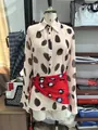 Full detail view of long-sleeved polka dot shirt dress with stylish red waist scarf - S / Set / Beige