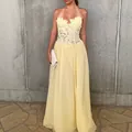 Elegant yellow halter neck maxi dress with lace bodice and double layered mesh skirt - S / Dresses / Yellow