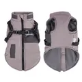 Waterproof dog winter jacket with integrated harness and warm fleece lining in khaki grey - S / Taro Purple