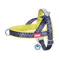 Quick-fit Bohemian pattern saddle dog harness featuring breathable yellow padding and DUOMM logo - S / Blue and Yellow (Geometric Pattern)