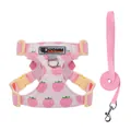 Breathable pink strawberry print dog harness and leash set for small pets and cats - XXS / Harness and Leash Set / Strawberry Pink