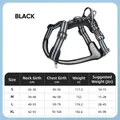 Black reflective dog harness size chart with S M L XL measurements and neck chest data. - S / Black