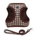 Adjustable brown and white checkered dog harness and leash set with breathable mesh - XS / Coffee