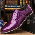 Elegant purple glossy crocodile pattern men's pointed toe lace-up formal dress shoes - 39 / Purple