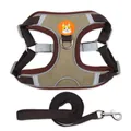 Reflective khaki and brown pet harness vest with matching nylon leash for dogs and cats - Brown
