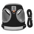 Breathable black mesh pet harness with reflective strip and matching leash for dogs - Black