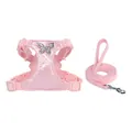 Exquisite pink dog harness and leash set with a sparkling crystal butterfly emblem - XS / Harness + Leash / Mousse Pink