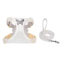 Luxury white satin small dog harness and leash set with a sparkly crystal butterfly - XXS / Harness + Leash / Cream White
