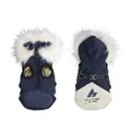Warm navy dog winter coat with faux fur hood and harness ring - S / Sapphire Blue