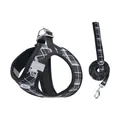 Harnais et laisse pour chien à carreaux noir et gris avec bande réfléchissante réglable - Ensemble Plaid Noir