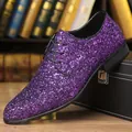 Detailed close-up view of purple glitter sequin men's lace-up dance shoes on table - 39 / Purple