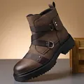 Premium men's brown leather motorcycle boots featuring stylish straps and thick platform soles - 39 / Dark Brown