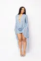 Close-up of a blue polka dot deep V-neck mesh bodycon mini dress on a model. - Sky Blue