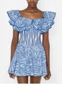 Blau-weißes besticktes Mini-Hohlkleid mit Rüschenschultern und quadratischem Ausschnitt - M / Kleider / Blau