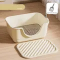 Cream white pet litter box set including stainless steel mesh and anti-tracking mat - 40cm With Iron Grid + Mat (Includes Shovel) / Off White