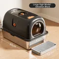 Large enclosed stainless steel cat litter box in obsidian black with dimensions - With Large Scoop / 60x41x38.5cm / Anti-Leak Style - Black