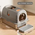 Large Space Grey enclosed cat litter box with stainless steel base and sifting mat - With Large Scoop / 60x41x38.5cm / Anti-Leak Style - Gray