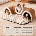 Brown reindeer shaped detachable cat tunnel bed with size chart for various cats - Size M (Up to 7.5kg)