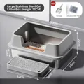 Large open stainless steel cat litter box with high splash guard and matching sifting pedal - Large Size (Base Height 10CM) / Luxury Set (Incl. Sifting Pad + Scoop + Deodorizer) / Light Gray