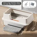 Extra large stainless steel open cat litter box with high splash-proof fence and scoop set - Extra Large Deepened (Base Height 15CM) / Standard Set (Incl. Scoop + Deodorizer) / Off White