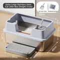 Extra large stainless steel open cat litter box with high fence and scoop, 60cm length - Extra Large Deepened (Base Height 20CM) / Standard Set (Incl. Scoop + Deodorizer) / Sky Blue