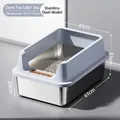 Extra large stainless steel semi-enclosed cat litter box with high splash guard fence - High Fence Model / Jumbo (20cm Basin) / Sky Blue