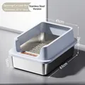 Extra large stainless steel semi-enclosed cat litter box with high splash-proof grey fence - 61CM Stainless Steel Litter Box (15CM Base) / Luxury Set (Trapping Pedal + Scoop + Deodorizer) / Sky Blue