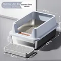 Lettiera per gatti extra large in acciaio inox con bordo alto e gradino setacciatore - Stile Anti-schizzo / Jumbo (15cm Bacino) / Celeste