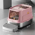 Grote roze roestvrijstalen kattenbak met ombouw en anti-uitloop pedaal, 60 cm lang - Gesloten Stijl (Met Pedaal) / Roze