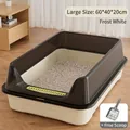 Large semi-enclosed beige cat litter box with high splash guard walls and scoop - Large (60cm) / With Scoop / Cloud Frost White