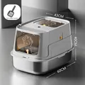 Large enclosed stainless steel cat litter box with scoop, dimensions 60x43x40 cm - Fully Enclosed / Light Gray