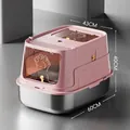 Large fully enclosed stainless steel cat litter box, pink and silver finish - 60x43x40cm - Fully Enclosed / Pink