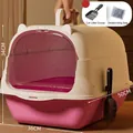 Extra grote volledig gesloten roze kattenbak met transparante deur en handvat - Ontgeuringsstijl / Met Schep en Ontgeuringszak / Roze