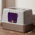 Übergroße, geschlossene Katzentoilette aus Edelstahl mit 60x40x40 cm Maßen - Sterilisierter Jumbo Vollständig Geschlossener Stil / 60x40x40cm (Mit Jumbo-Schaufel + Deodorant-Beutel) / Grau