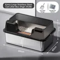Large stainless steel cat litter box 60x40cm with high fence and scoop set - Extra Large (60*40*31CM) / Standard Open Top / Includes Scoop + Deodorizer Pack / Transparent Black