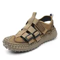 Outdoor brown men's sports beach sandal featuring adjustable buckles and thick textured sole - 38 / Brown