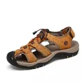 Men's outdoor breathable leather sandals with closed-toe protection and rubber soles. - 38 / Gold Style (7239) / Gold Yellow