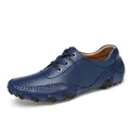 Classic men's blue leather octopus loafers casual driving shoes with lace-up detail - 38 / Blue Lace-up