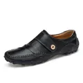 Classic black genuine leather driving loafers for men with decorative strap button - 38 / Black Hook-and-Loop (8896)