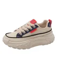 Stylish women's chunky platform sneakers in beige and navy blue retro fashion design - 35 / Blue