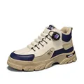 Beige and navy men's high-top outdoor work boots with warm plush lining and rotary buckle - 39 / Khaki