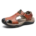 Men's breathable brown leather outdoor closed-toe sandals with thick non-slip rubber sole - 38 / Tan