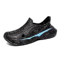 Men's black outdoor foam clogs featuring red splatter pattern and light blue side stripe - 40 / Black