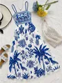 Summer vacation sundress with blue tropical patterns on white fabric and spaghetti straps - S / Dresses / Blue White Print
