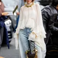 Elegant white sheer mesh blouse with tiered ruffles and high neck for women - S / Off White